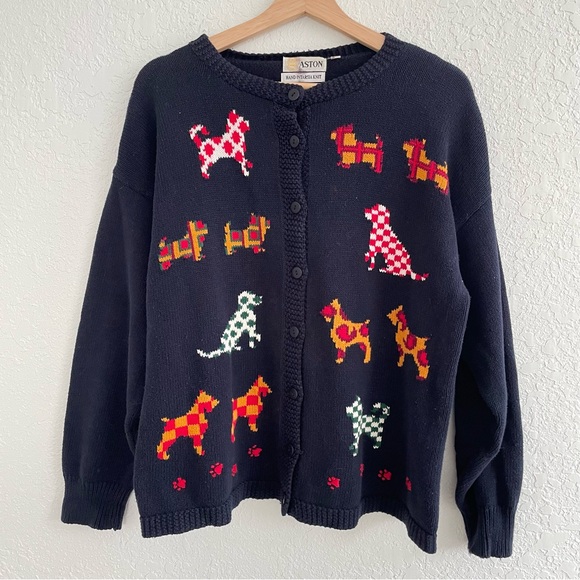 Vintage Dog Cotton Cardigan Sweater 80s 90s Navy L Novelty Grandma Cottagecore - Picture 2 of 13